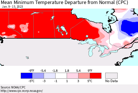 Canada Mean Minimum Temperature Departure from Normal (CPC) Thematic Map For 1/9/2023 - 1/15/2023