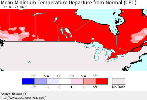 Canada Mean Minimum Temperature Departure from Normal (CPC) Thematic Map For 1/16/2023 - 1/22/2023