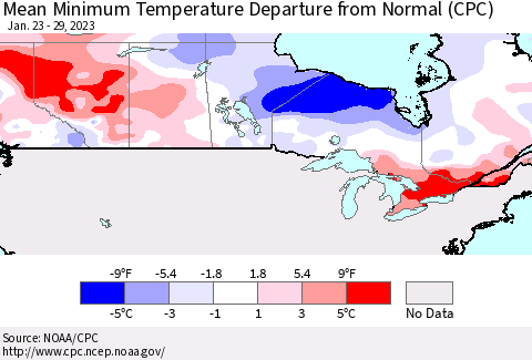 Canada Mean Minimum Temperature Departure from Normal (CPC) Thematic Map For 1/23/2023 - 1/29/2023