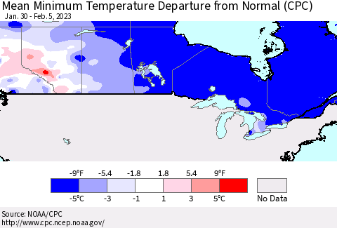Canada Mean Minimum Temperature Departure from Normal (CPC) Thematic Map For 1/30/2023 - 2/5/2023