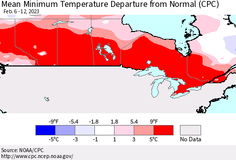 Canada Mean Minimum Temperature Departure from Normal (CPC) Thematic Map For 2/6/2023 - 2/12/2023