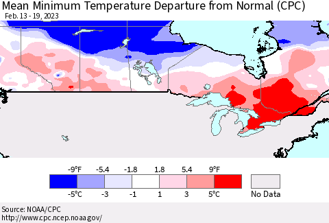Canada Mean Minimum Temperature Departure from Normal (CPC) Thematic Map For 2/13/2023 - 2/19/2023