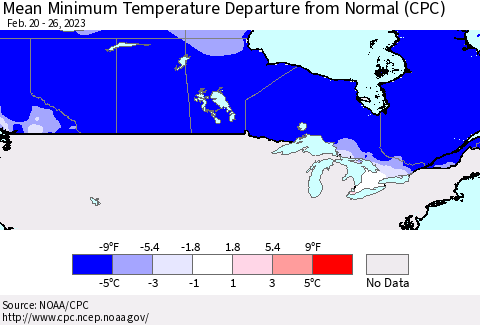 Canada Mean Minimum Temperature Departure from Normal (CPC) Thematic Map For 2/20/2023 - 2/26/2023