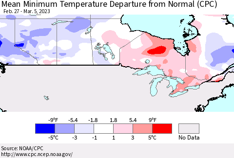 Canada Mean Minimum Temperature Departure from Normal (CPC) Thematic Map For 2/27/2023 - 3/5/2023