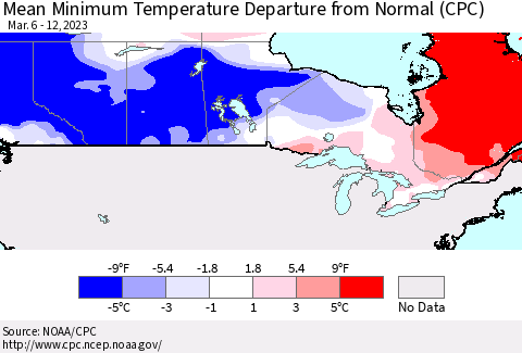 Canada Mean Minimum Temperature Departure from Normal (CPC) Thematic Map For 3/6/2023 - 3/12/2023