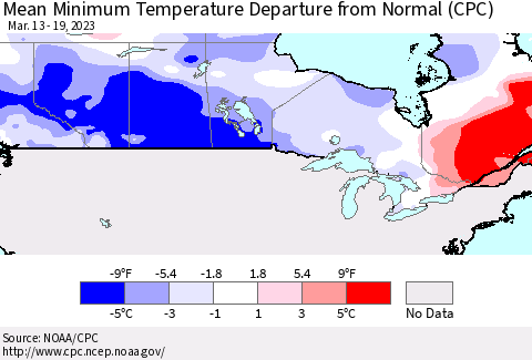Canada Mean Minimum Temperature Departure from Normal (CPC) Thematic Map For 3/13/2023 - 3/19/2023