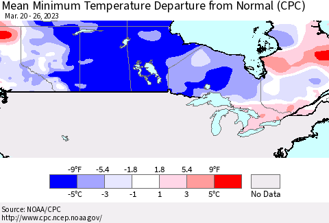 Canada Mean Minimum Temperature Departure from Normal (CPC) Thematic Map For 3/20/2023 - 3/26/2023