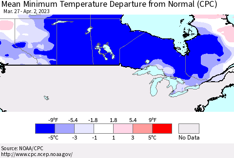 Canada Mean Minimum Temperature Departure from Normal (CPC) Thematic Map For 3/27/2023 - 4/2/2023