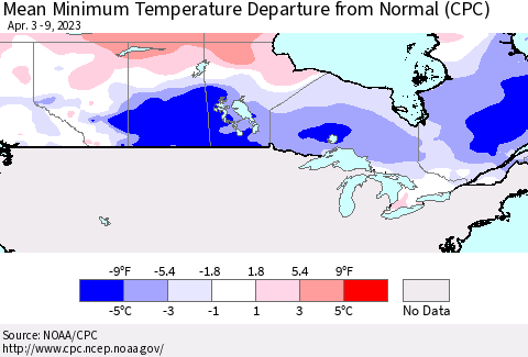 Canada Mean Minimum Temperature Departure from Normal (CPC) Thematic Map For 4/3/2023 - 4/9/2023