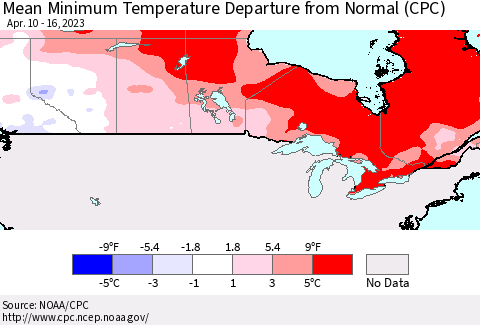 Canada Mean Minimum Temperature Departure from Normal (CPC) Thematic Map For 4/10/2023 - 4/16/2023