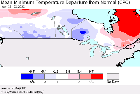 Canada Mean Minimum Temperature Departure from Normal (CPC) Thematic Map For 4/17/2023 - 4/23/2023