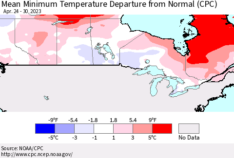 Canada Mean Minimum Temperature Departure from Normal (CPC) Thematic Map For 4/24/2023 - 4/30/2023