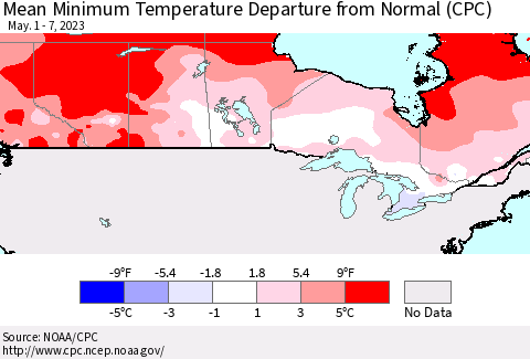 Canada Mean Minimum Temperature Departure from Normal (CPC) Thematic Map For 5/1/2023 - 5/7/2023