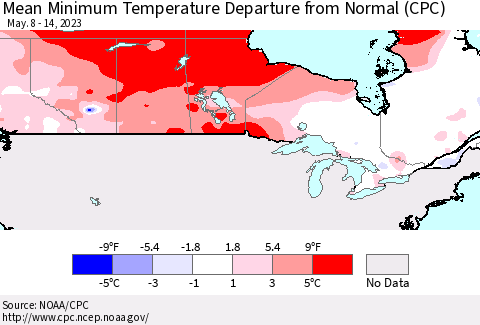 Canada Mean Minimum Temperature Departure from Normal (CPC) Thematic Map For 5/8/2023 - 5/14/2023