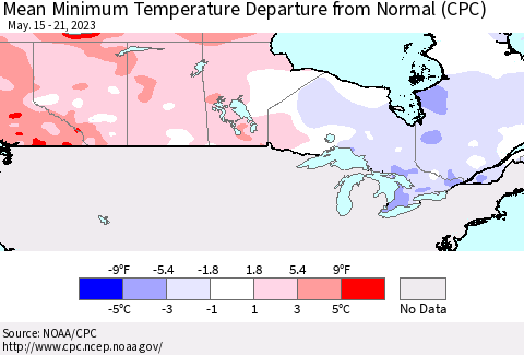 Canada Mean Minimum Temperature Departure from Normal (CPC) Thematic Map For 5/15/2023 - 5/21/2023