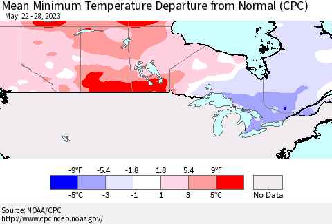 Canada Mean Minimum Temperature Departure from Normal (CPC) Thematic Map For 5/22/2023 - 5/28/2023