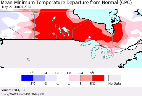 Canada Mean Minimum Temperature Departure from Normal (CPC) Thematic Map For 5/29/2023 - 6/4/2023