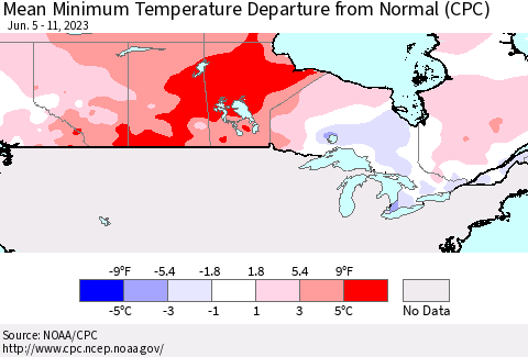 Canada Mean Minimum Temperature Departure from Normal (CPC) Thematic Map For 6/5/2023 - 6/11/2023