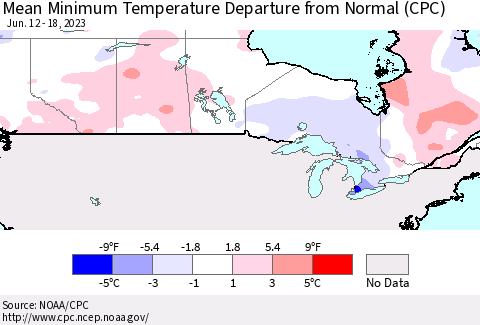 Canada Mean Minimum Temperature Departure from Normal (CPC) Thematic Map For 6/12/2023 - 6/18/2023