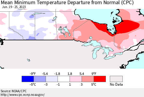 Canada Mean Minimum Temperature Departure from Normal (CPC) Thematic Map For 6/19/2023 - 6/25/2023