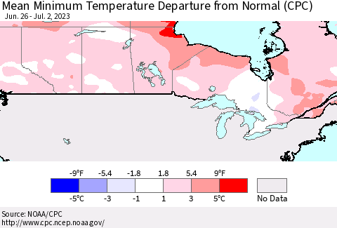 Canada Mean Minimum Temperature Departure from Normal (CPC) Thematic Map For 6/26/2023 - 7/2/2023