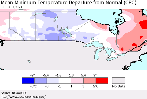 Canada Mean Minimum Temperature Departure from Normal (CPC) Thematic Map For 7/3/2023 - 7/9/2023