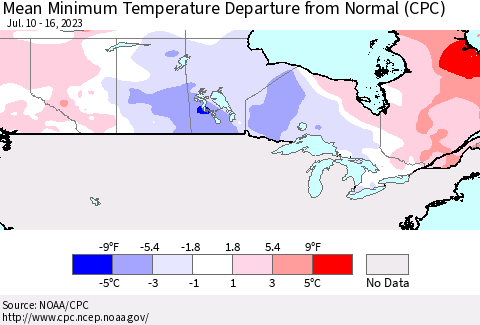 Canada Mean Minimum Temperature Departure from Normal (CPC) Thematic Map For 7/10/2023 - 7/16/2023