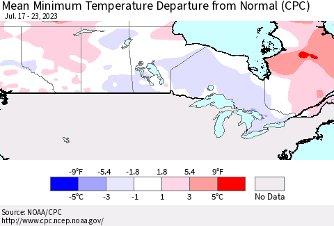 Canada Mean Minimum Temperature Departure from Normal (CPC) Thematic Map For 7/17/2023 - 7/23/2023