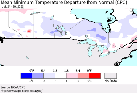 Canada Mean Minimum Temperature Departure from Normal (CPC) Thematic Map For 7/24/2023 - 7/30/2023