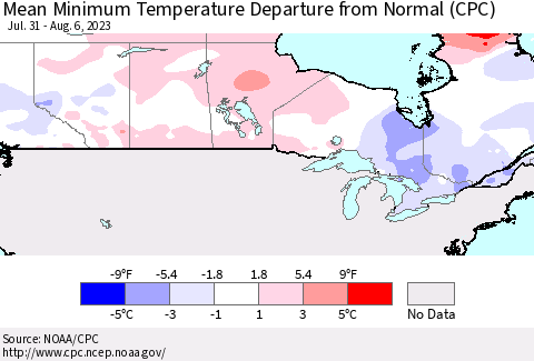 Canada Mean Minimum Temperature Departure from Normal (CPC) Thematic Map For 7/31/2023 - 8/6/2023