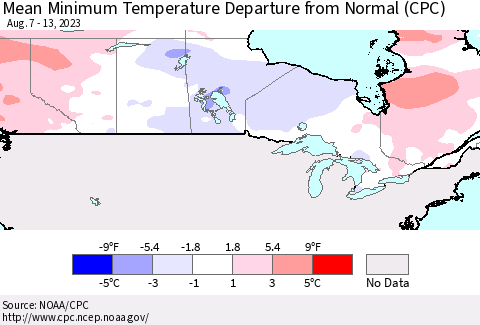 Canada Mean Minimum Temperature Departure from Normal (CPC) Thematic Map For 8/7/2023 - 8/13/2023