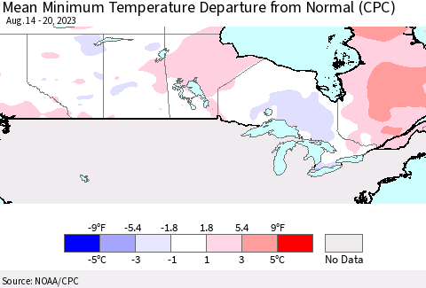Canada Mean Minimum Temperature Departure from Normal (CPC) Thematic Map For 8/14/2023 - 8/20/2023