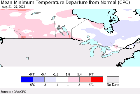 Canada Mean Minimum Temperature Departure from Normal (CPC) Thematic Map For 8/21/2023 - 8/27/2023