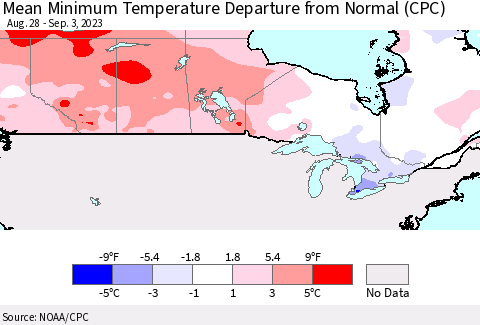 Canada Mean Minimum Temperature Departure from Normal (CPC) Thematic Map For 8/28/2023 - 9/3/2023