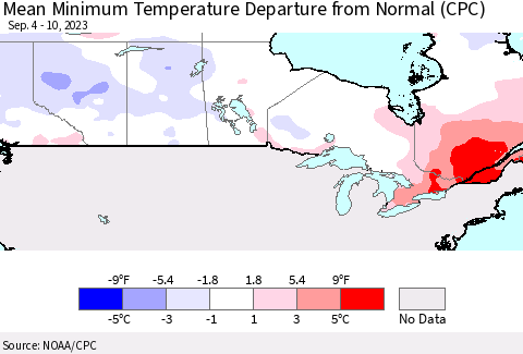 Canada Mean Minimum Temperature Departure from Normal (CPC) Thematic Map For 9/4/2023 - 9/10/2023