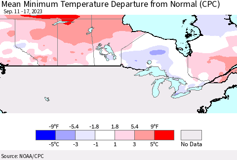 Canada Mean Minimum Temperature Departure from Normal (CPC) Thematic Map For 9/11/2023 - 9/17/2023