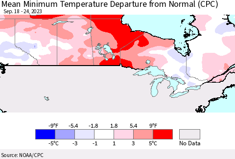 Canada Mean Minimum Temperature Departure from Normal (CPC) Thematic Map For 9/18/2023 - 9/24/2023