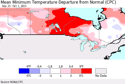 Canada Mean Minimum Temperature Departure from Normal (CPC) Thematic Map For 9/25/2023 - 10/1/2023