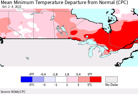 Canada Mean Minimum Temperature Departure from Normal (CPC) Thematic Map For 10/2/2023 - 10/8/2023
