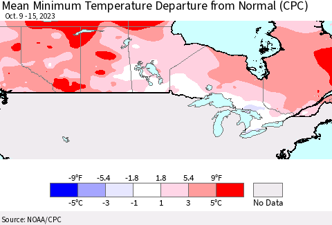 Canada Mean Minimum Temperature Departure from Normal (CPC) Thematic Map For 10/9/2023 - 10/15/2023