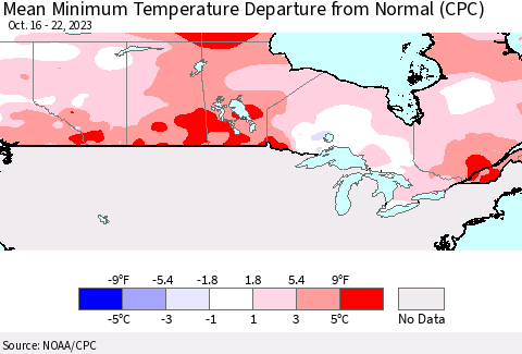 Canada Mean Minimum Temperature Departure from Normal (CPC) Thematic Map For 10/16/2023 - 10/22/2023