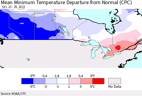 Canada Mean Minimum Temperature Departure from Normal (CPC) Thematic Map For 10/23/2023 - 10/29/2023