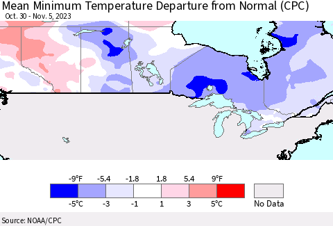 Canada Mean Minimum Temperature Departure from Normal (CPC) Thematic Map For 10/30/2023 - 11/5/2023