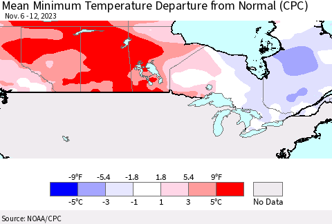 Canada Mean Minimum Temperature Departure from Normal (CPC) Thematic Map For 11/6/2023 - 11/12/2023