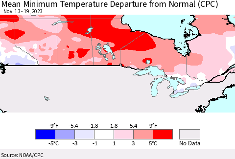 Canada Mean Minimum Temperature Departure from Normal (CPC) Thematic Map For 11/13/2023 - 11/19/2023