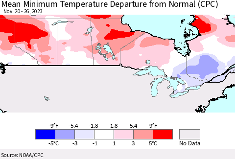 Canada Mean Minimum Temperature Departure from Normal (CPC) Thematic Map For 11/20/2023 - 11/26/2023