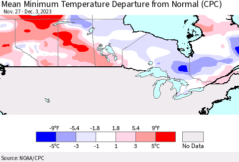 Canada Mean Minimum Temperature Departure from Normal (CPC) Thematic Map For 11/27/2023 - 12/3/2023