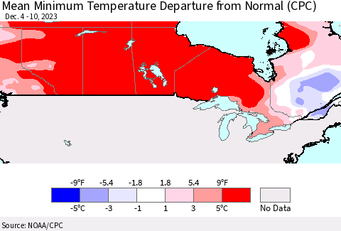 Canada Mean Minimum Temperature Departure from Normal (CPC) Thematic Map For 12/4/2023 - 12/10/2023
