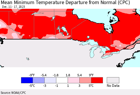 Canada Mean Minimum Temperature Departure from Normal (CPC) Thematic Map For 12/11/2023 - 12/17/2023