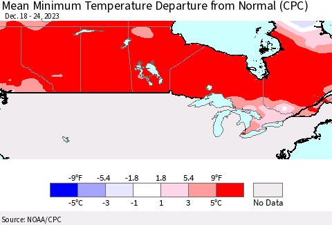 Canada Mean Minimum Temperature Departure from Normal (CPC) Thematic Map For 12/18/2023 - 12/24/2023